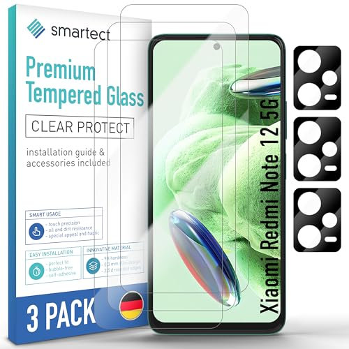 smartect Verre Trempé [3 + 3 Pièces, Clear] pour Xiaomi Redmi Note 12 5G, Écran + Caméra, Protecteur d'écran en Verre HD Anti Rayures, Sans Bulles, Dureté 9H, 0.3mm Ultra Transparent
