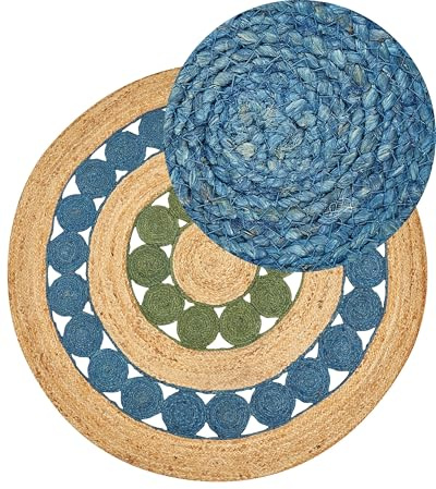 Beliani Rustikaler Boho-Teppich rund 140 cm Natürliche Jute Handgeflochten Blau und Grün Hovit
