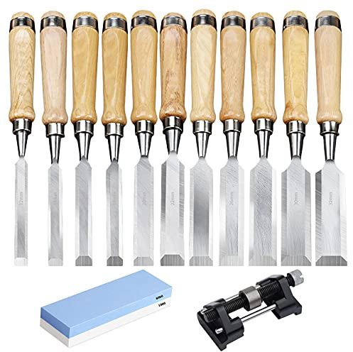 Gravure Ensemble de 11 ciseaux à bois, acier au chrome-vanadium et manche en bois massif Kit d'outils de sculpture sur bois avec guide d'affûtage et pierre à aiguiser pour menuiserie, travail du