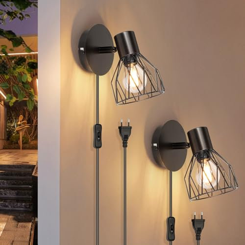 Kimjo Applique Murale Interieure avec Interrupteur et Prise - Lampe Murale Salon Applique Murale Chambre Noir E14 - Aplique. Intérieur Murale Industrielle Luminaire Mural non Ampoule 2 Pièces