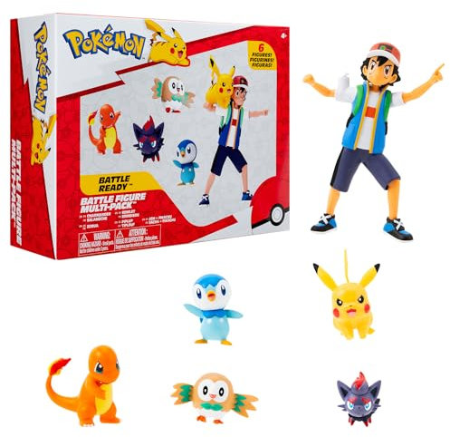 BANDAI Pokémon Set mit 6 Figuren – Sacha, Pikachu, Glumanda, Tiplouf, Zweig, Zorua – offizielles Lizenzprodukt – Box JW3781