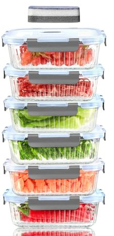 IUGHN 6 Set Glass Containers with Lids 370ml, and 1 Cleaning Sponges, Glass Meal Prep Containers with Lids, Air Tight Food Storage Container, Leak Proof Glass Food Containers with Lids, BPA Free, Gray
