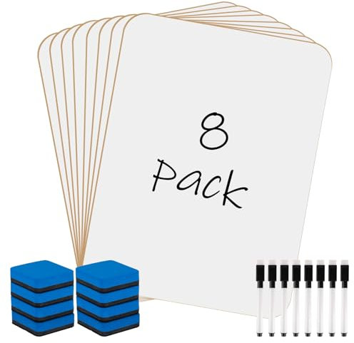 8 Pack Small A4 White Board Dry Erase Boards, 23 x 30 cm Double Sided Mini Portable WhiteBoards Lapboards for Students Teachers School Classroom Supplies Including 8 Markers and 8 Erasers
