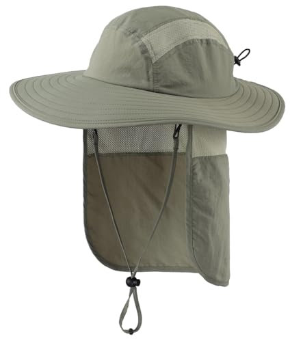 Magracy Herren UPF 50+ Sonnenhut mit Nackenschutz breite Krempe Netzstoff Safari-Hut Wandern Angeln Hut faltbar Damen Erbsengrün