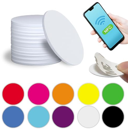 NFC Tag Sticker 30 mm 20 Stück mit Klebepunkte Bunt - NTAG215 540 Byte | NFC Karten mit Selbstklebend Aufkleber - kompatibel mit iPhone Kurzbefehle iOS App | Android Apps | Homekit Switch Amiibo