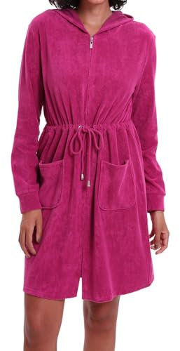 Mnamo Eleganter Damen Bademantel mit Kapuze und Reißverschluss aus Frottee Kurz und Leicht Beererot Gr.XXL