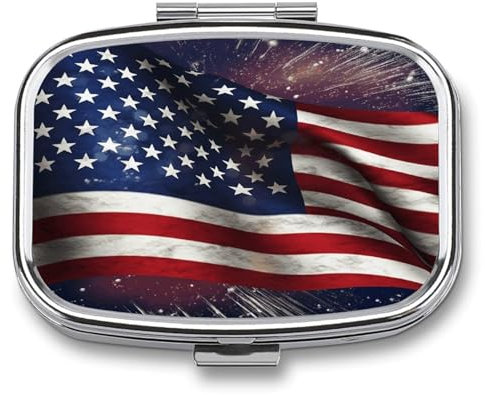YJWANDL Pillendose mit USA-Flaggen-Druck, 2 Fächer, Medikamentendose, dekorativer Metall-Pillendose für Tasche oder Geldbörse, Stil