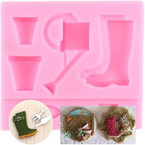XMOLDNMS Garden Accessories Silicone Mould Watering Can Trowel Fork Plant Pot Fondant Mould for Bird Cake Decoration Cupcake Topper Candy Chocolate Polymer Clay Gum Paste