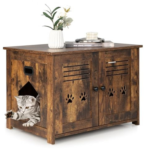 SOARS Katzenklo Schrank, Katzenschrank mit magnetischen Türen & Eingang, 3 in 1 Katzenkloschrank, Katzenhaus & Beistelltisch, Kommode mit Griff, 70 x 51,5 x 50,5cm, Vintagebraun