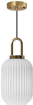 XIRYTU-H Suspension Moderne en Verre Blanc à Rayures, Lampe Suspendue à Hauteur Réglable avec Finition Laiton, Plafonnier E27 pour Cuisine, Chambre et Salle à Manger (14cm)