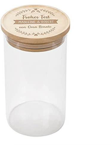 Herz & Heim® Vorratsdose aus Glas mit graviertem Holzdeckel (3 Wunschzeilen, 10 cm x 22 cm (Ø/H))