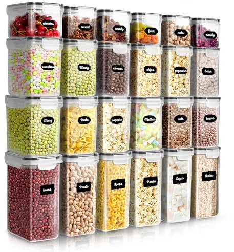 HEFTMAN Airtight Food Storage Container - Set of 24 Plastic Kitchen Storage Containers - Clear, BPA-Free Cereal, Flour, Pasta Storage Containers with Labels & Pen Pantry Organizers and Storage