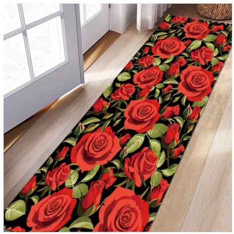 Siunwdiy Teppich Läufer Flur rutschfest Waschbar Küchen Teppich 80x350cm 3D Rote Rosen Lang Teppichläufer Weich Küchenläufer Teppichmatten Fur Korridor Schlafzimmer Wohnzimmer Meterware Anpassbar