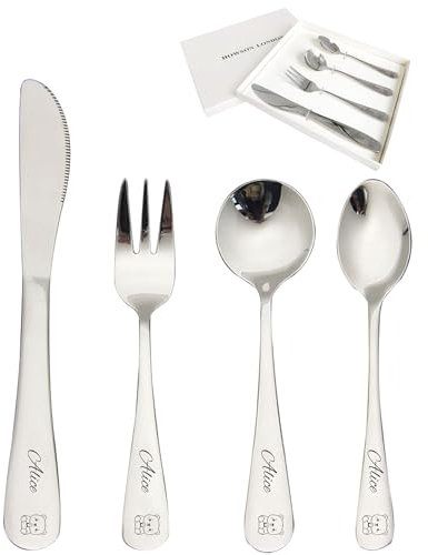 Personalized Cutlery Set for Kids Children Toddler Cutlery 4pcs Engraved Knife Fork Spoon Stainless Steel Cutlery Set Christening Christmas Gifts for Boy Kids Girls Cutlery Gifts (Bear)