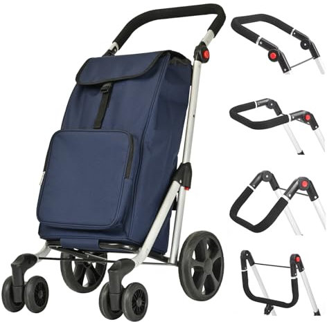 LEUYA ABC Carrello Portaspesa, Carrello per la Spesa Pieghevole Leggero, con Borsa Termico, 6 Ruote, 45L Trolley Spesa, Carrello Spesa in Alluminio, Resistente, Robusto (Blu)