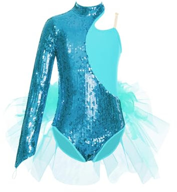 Miaeowve Kinder Turnanzug Mädchen Langarm Ballettanzug Pailletten Glitzer Tanzbody Mesh Tüll Patchwork Trikot Wettbewerb Performance Bekleidung Blau Grün 122-128