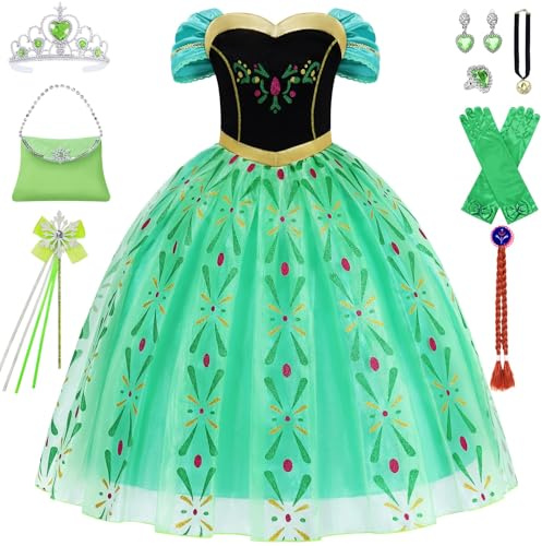 Mrsclaus Prinzessin Kostüm für Mädchen Prinzessin Kleid Faschings Karneval Kostüme Kinder Set mit Krone Zauberstab Fastnacht Cosplay Party Mädchen Outfits Set mit Zubehör Perücken C070L
