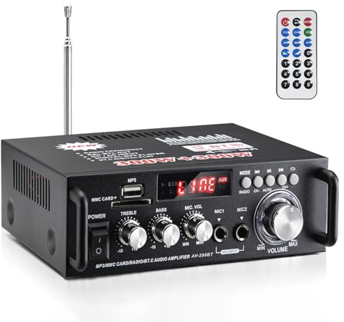 AV-298BT Stereo Audio Amplifier, Max 600W Amp 2 Channel Wireless Bluetooth | 5.0 Power Amplifier System, Home Amplifiers Home Theater Audio Stereo System MIC, RCA, USB, SD Card, with Remote Control