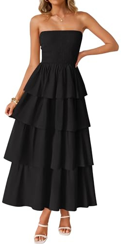 ZESICA Women‘s Summer Boho Strapless Maxi Dress 2025 Casual Sleeveless Off Shoulder Smocked Tiered Beach Long Sundress,Black,Small
