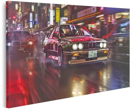 islandburner Prime Bild auf Leinwand Klassischer BMW in der neonbeleuchteten Stadtgeschwindigkeit für Garage Autoliebhaber Autowerkstatt Bilder Wandbilder Poster