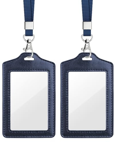Teskyer 2 Pièces Porte Badge Tour de Cou - Double Face Transparent, Simili Cuir, 2 Emplacements pour Cartes, Vertical, pour le travail, Affaires, Bus, Pass, Bleu