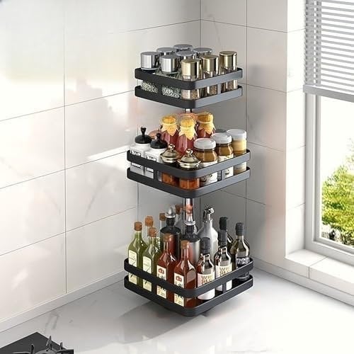 Shakub Gewürzregal Drehbar, 3 Etagen Küchenregal Stehend 360° Gewürze Organizer Schwarz Küchenregal Lazy Susan Gewürzständer für Gewürzgläser, Kosmetik (3-stöckiges)