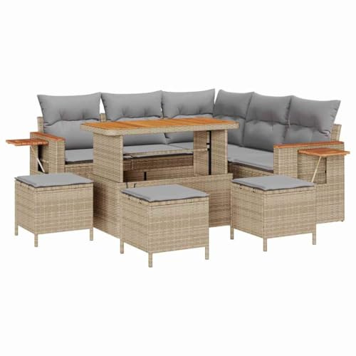 vidaXL 9-teiliges Garten-Sofaset mit Kissen in Beige aus Poly-Rattan und Akazienholz. Bequeme Sitze für 5 Personen. Ideal für die Terrasse, modernes Patio und modulare Lounge.
