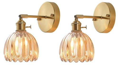 EKSED Applique Murale Vintage en Verre avec Douille E27 et Interrupteur Rotatif, Applique Murale Décorative avec Abat-Jour en Forme de Pétale pour Chambre, Couloir ou Salon (ambre, lot de 2)