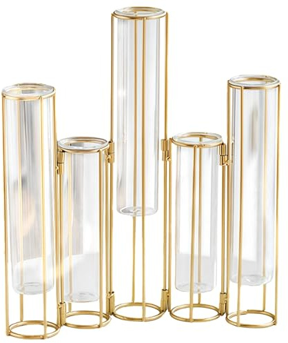 European Style Gold Metal 5-Position Test Tube Vase, Glass Hanging Vases with Adjustable Iron Frame for Balcony & Home Decor