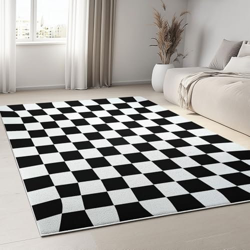 Schwarz Weiß Kariert Teppich Kurzflor Modern 80 x 150 cm langlebig und pflegeleicht Teppiche, Klassisch Monochrom In und Outdoor Wohnzimmer ideal für Küche Flur