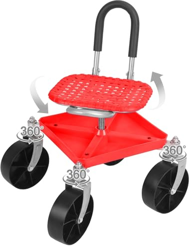 cukoekim Rollbarer Gartenwagen, höhenverstellbarer Gartenrollsitz, 360 Grad drehbarer Gartenhocker mit Werkzeugablage, beweglicher Arbeitssitz für Gärtner, ältere Menschen, Senioren, Rot