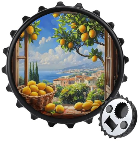 Amalfi Coast Lemon Tree Ltalian Refrigerator Magnets Round Fridge Magnetic Funny Bottle Opener for Home Kitchen Office Black-Style