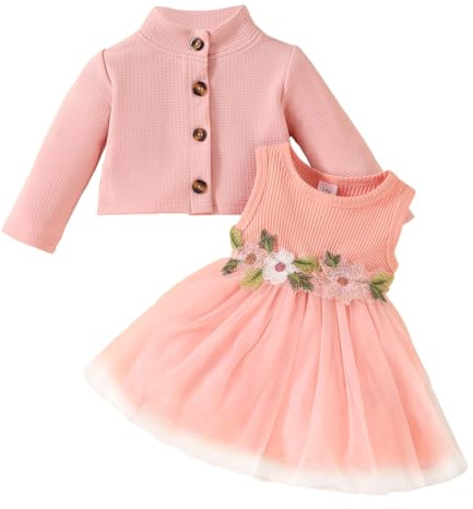 LUVCES Ensemble Robe Tutu et Cardigan Bebe Fille 2Pcs Sans Manches Bowknot Princesse Robe et Cardigan en Jean Manteau été Automne Vêtements Outfits Manches longues fleurs roses 6-9 Mois