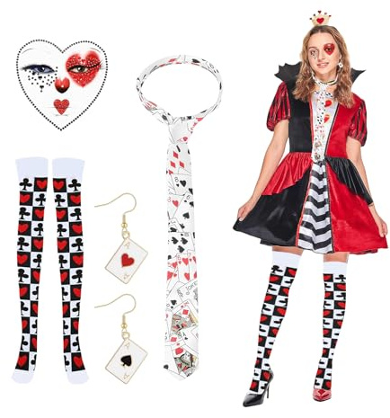 4 Teiliges Spielkarten Kostüm, Faschingskostüme Damen, Karneval Herzkönigin Kostüm Damen, Casino Poker Kostüms mit Poker Ohrringe Strümpfe Krawatt Gesichtsstein für Karneval Verkleidung (Mehrfarbig)