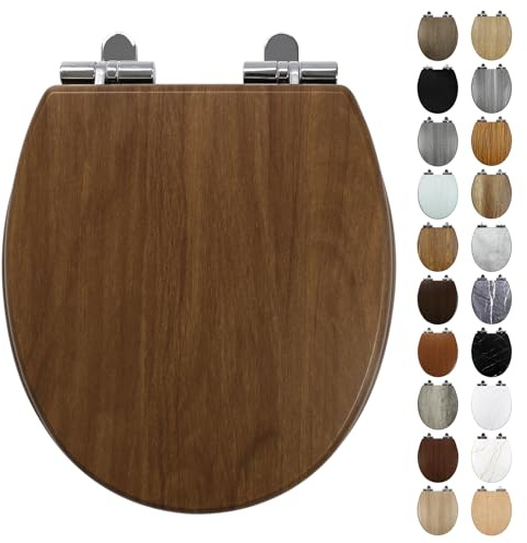 Fanmitrk Wooden Toilet Seat Soft Close, 18mm Thickened MDF Wood Toilet Seat with Adjustable Strong Zinc Alloy Hinges, Comfortable, Durable, Easy Cleaning (MFJ-3704)