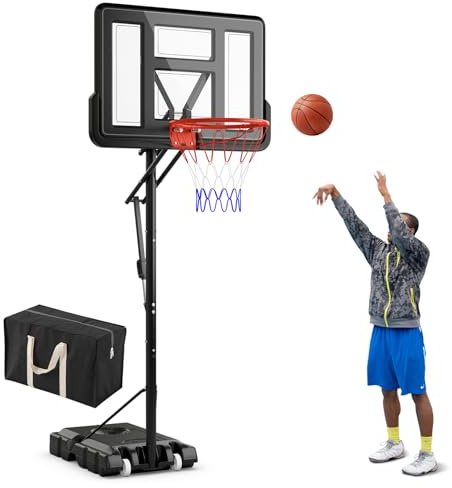 GYMAX Panier de Basket Extérieur Intérieur Mobile 240-305cm, Hauteur Réglable Pratique par Tige Télescopique, Base Remplissable avec Sac de Poids, Panneau Résistant, pour Adolescents et Adultes