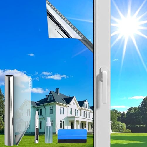Evofensteere (100X600cm Silber) Fensterfolie Sonnenschutz Hitzeschutz innen oder außen | Rückstandslose Spiegelfolie Fenster Hitzeschutz | Sonnenschutzfolie | Selbstklebend UV Schutzfolie Fenster