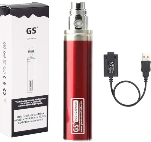 GS EGO II Prime 2200mAh Rechargeable 510 Thread Vape Battery, Variable Voltage E-Cigarette Battery with LED Indicator, Micro USB Fast Charging, Nicotine Free (Red)