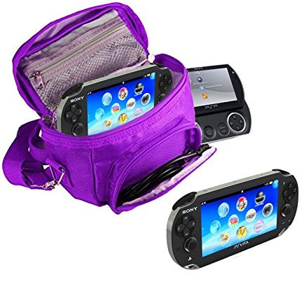 Orzly® - SPIELE & KONSOLEN (REISE-) TASCHE für die Sony PSP Konsolen (GO / VITA /1000/2000/3000) mit speziellen Fächern für die Aufbewahrung von Spielen und Zubehör. Tasche enthält Schultergurt, Tragegriff und eine Gürtelschlaufe – LILA