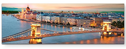 Paul Sinus Art Blick über das Parlament und Donau in Budapest, Ungarn - Panoramabild auf Leinwand in 150x50cm