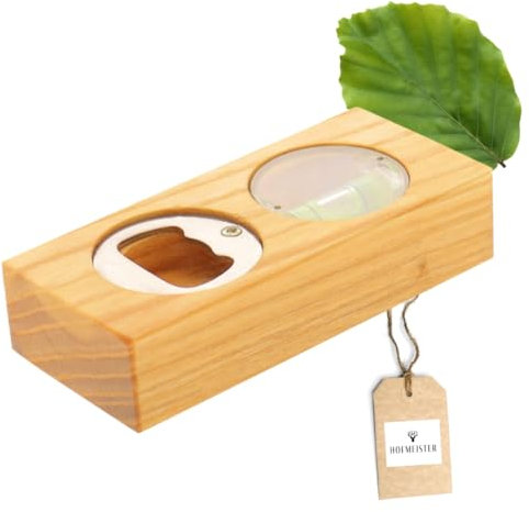 HOFMEISTER® Mini-Wasserwaage mit Flaschenöffner, 10 cm, für Bilder, Möbel & Fußböden, Richtwaage mit Libelle, 100% Made in Germany, aus geöltem Eschen-Holz