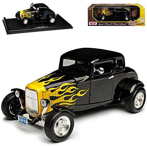 Motormax Ford Coupe Hot Rod Schwarz mit gelben Flammen 1932 1/18 Modell Auto