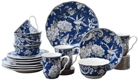 222 Fifth Adelaide 16-teiliges Geschirrset aus dunkelblauem Porzellan - Service für 4, Teller, Schüssel & Tasse, Vogel- und Blumendesign, für den täglichen Gebrauch und Unterhaltung, mikrowellen- und