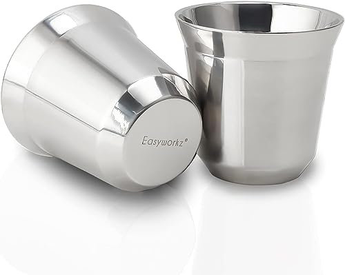 Easyworkz Stainless Steel Espresso Cup 2pcs Set Double Wall Insulated Metal 75ml Demitasse Cups Heat Resistant