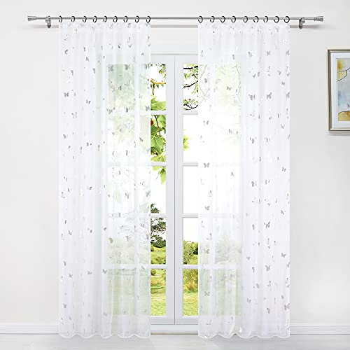 HeichkelL Voile Gardine mit Kräuselband Transparenter Vorhang Modern Silberglänzende Schmetterlinge 1 Stück Dekoschal Kräuselband Luftige Fensterstores für Wohnzimmer BxH 140x175 cm
