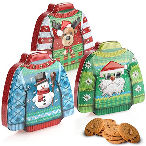 com-four® 3x Keksdose, Blechdose für Weihnachtskekse, weihnachtliche Vorratsdose mit Deckel, Aufbewahrungsbox für Cookies, Süßigkeiten und Geschenke [Auswahl variiert] (3 Stück - Pullover rot/bunt)