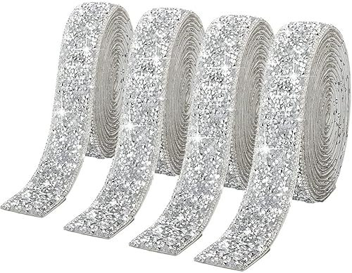 4 Rolls Silver Resin Rhinestone Ribbons Self-Adhesive Crystal Ribbon Roll Glitter Resin Diamond Belt Bling Sparkling Diamond Ribbon Bling Stickers Wrap Crystal Roll for DIY Arts Crafts,30mm