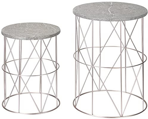 Outsunny 2er-Set Beistelltisch Stapelbar Gartentisch in Marmor Optik Balkontisch aus Metall, runder Kaffeetisch 50kg belastbar, Ø38x52,5 cm Sofatisch für Outdoor Indoor Balkon Rose+Gold+Grau