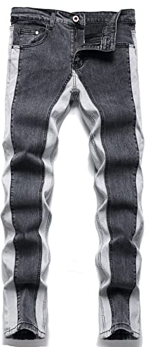 AITITIA Men's Black Grey Patchwork Regular Fit Flex Jeans (34, 1019 Black Grey), Grey