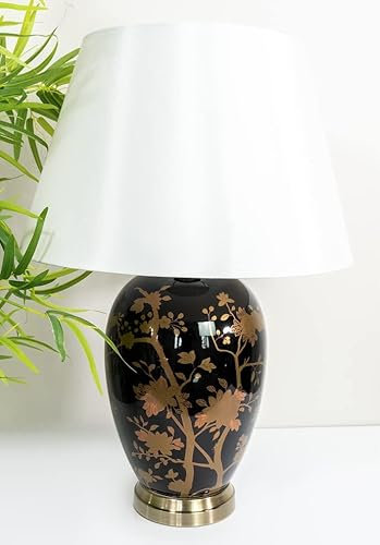 DOWNTON INTERIORS Large Black Chinese Oriental Ceramic Porcelain Table Lamp Gold Floral Pattern Overall Height 62cm (G2105) (Cream Plain Shade)